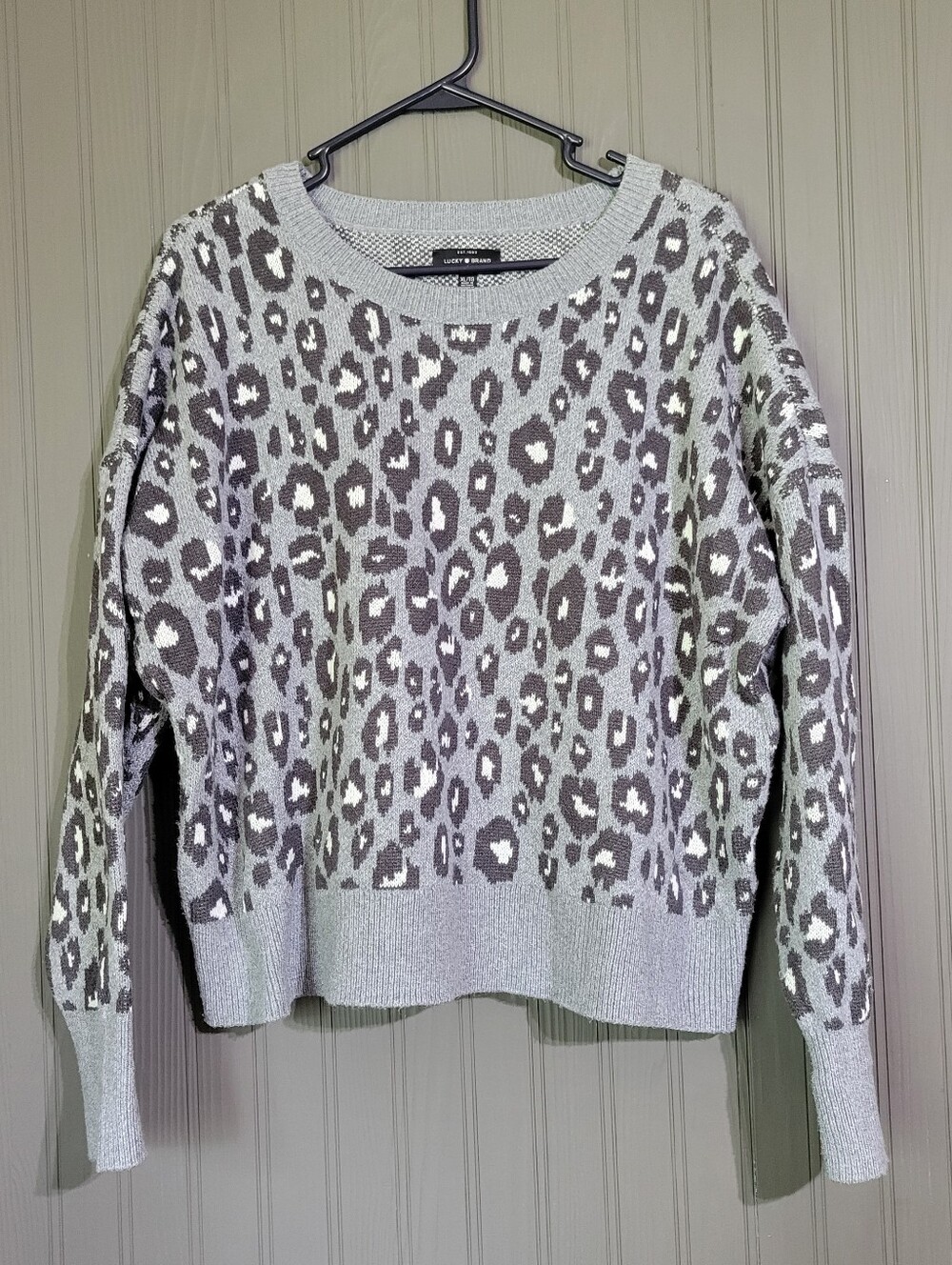 Lucky Brand Crewneck Sweater Pullover All-Over Leopard Print Gray Women's XL